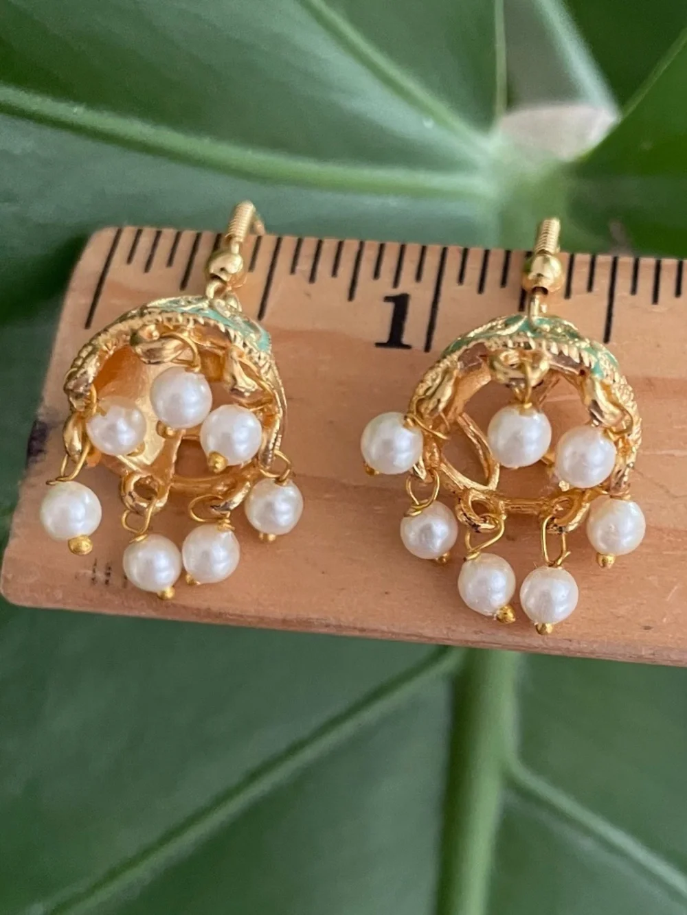 Pastel Mint Green Meenakari Jhumka Earrings with Pearl Drops Gold - Picture 5 of 5